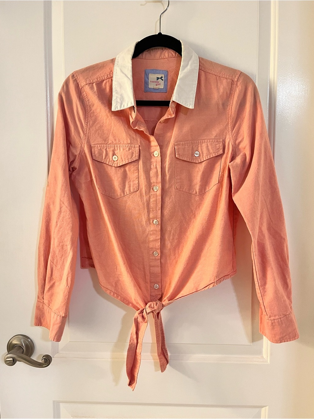 Tommy Hilfiger Tie-Front Button Shirt with White Collar - Peach